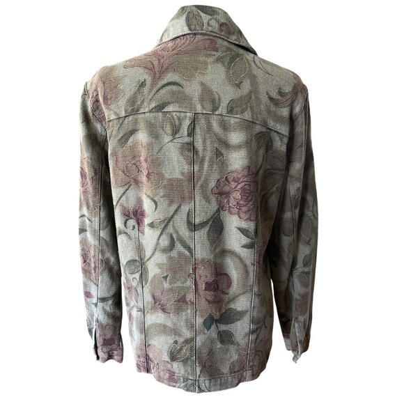 Chicos Design Olive Purple Floral Button-Up Jacket Size 1 Gold Metallic Detail - Picture 3 of 8